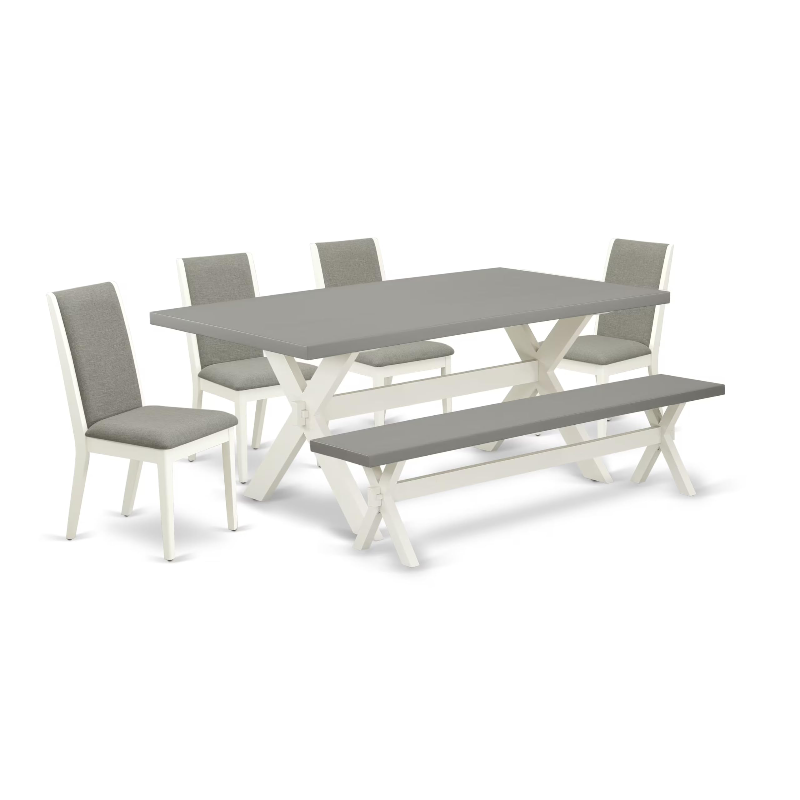 East West Furniture X097La206-6 6 Piece Modern Dining Table Set Contains A Rectangle Wooden Table With X-Legs And 4 Shitake Linen Fabric Parson Chairs With A Bench, 40X72 Inch, Multi-Color